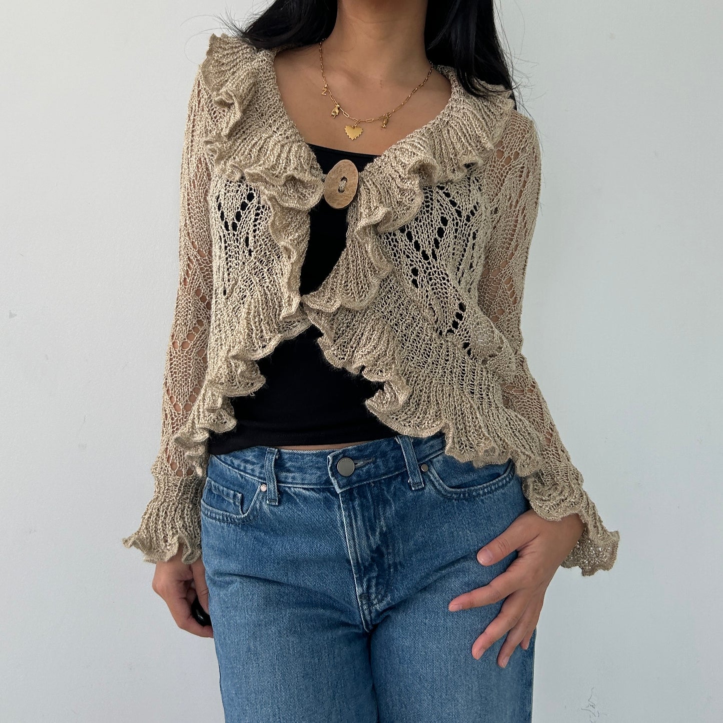 Morgan de Toi Beige Crochet Ruffle Cardigan - X-Small