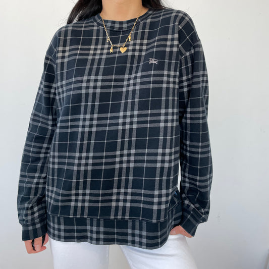 Burberry Navy Blue Nova Check Crewneck Sweatshirt - Large