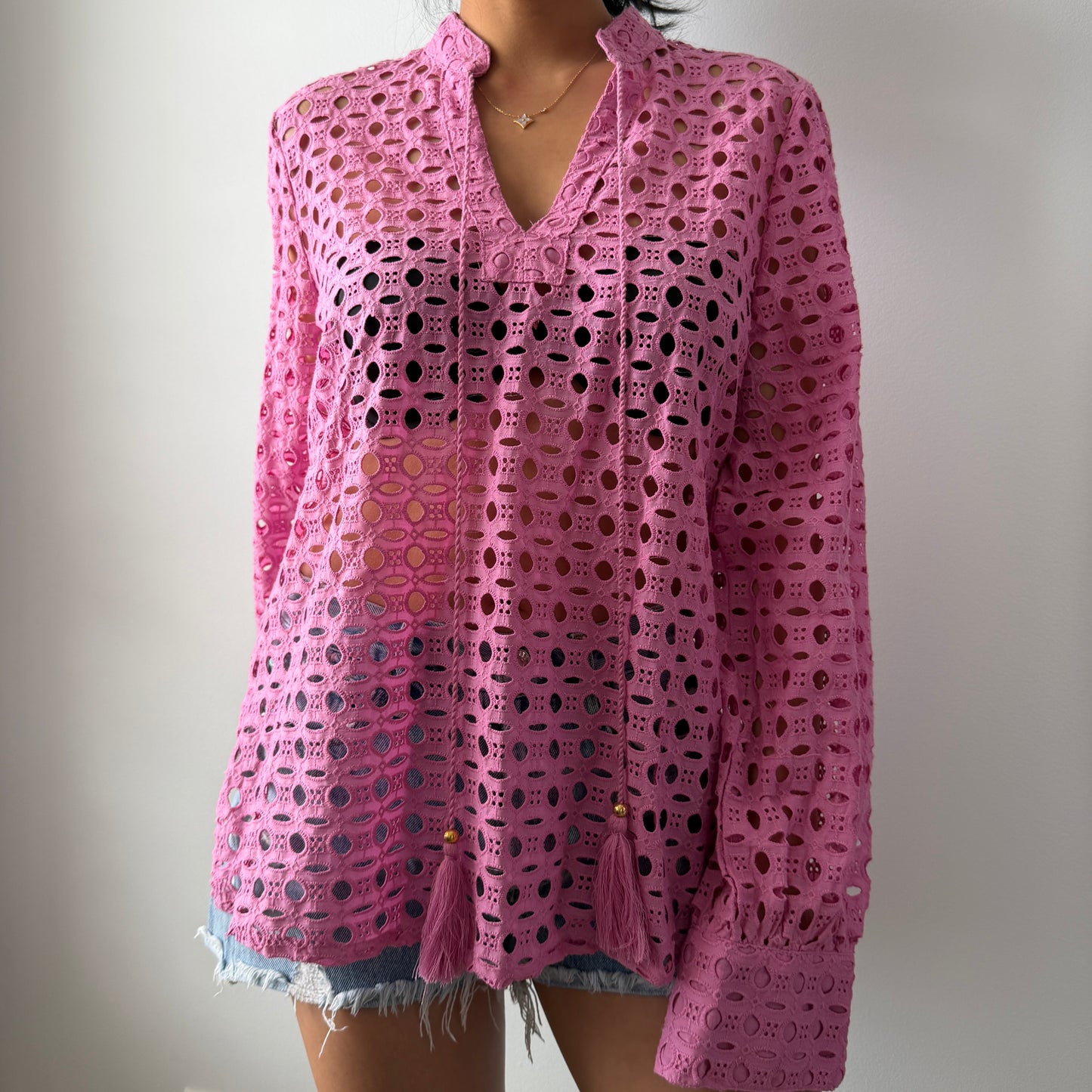 Calypso St. Barth Pink Long Sleeve Eyelet Top - Small