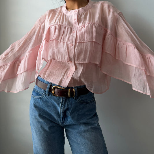 Zara Blush Pink Cropped Long Sleeve Ruffle Blouse - Small