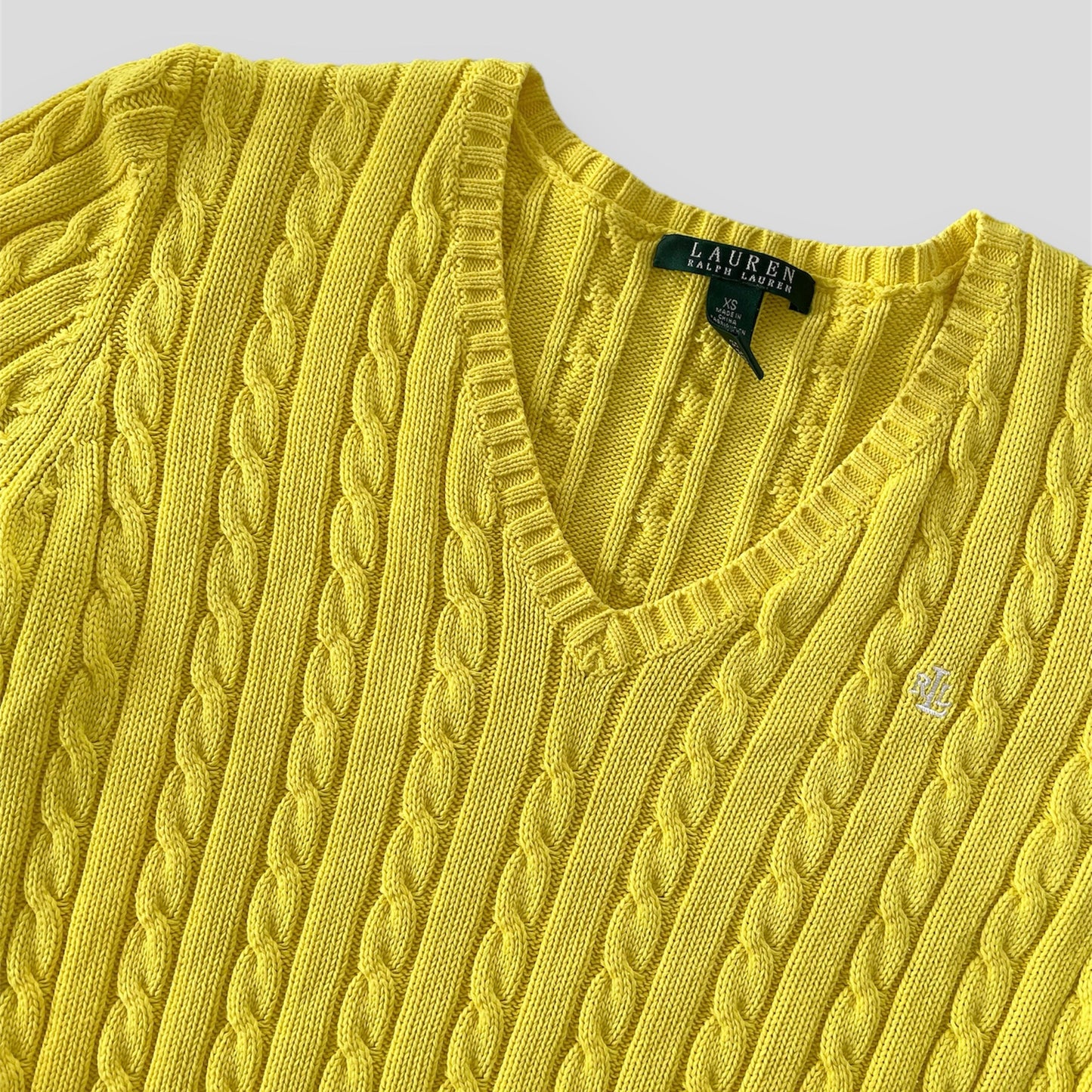 Lauren Ralph Lauren Yellow V-Neck Cable Knit Jumper - X-Small