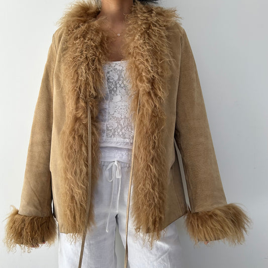 Express Brown Suede and Mongolian Fur Trim Coat - Medium