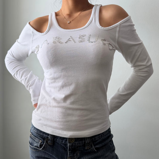 Parasuco White Cold Shoulder Sequin Logo Top - Medium