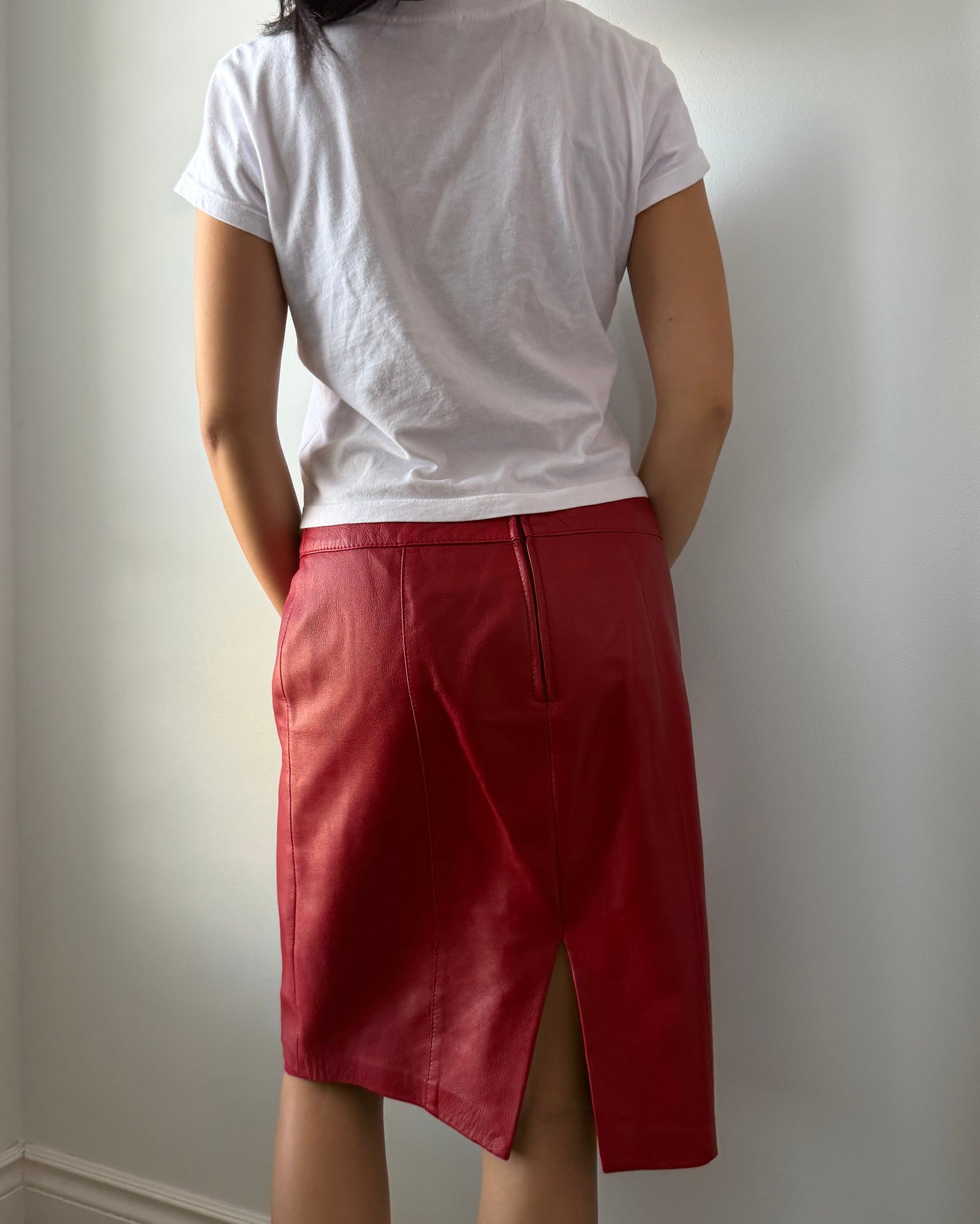 Danier Red Leather Knee Length Skirt - Medium