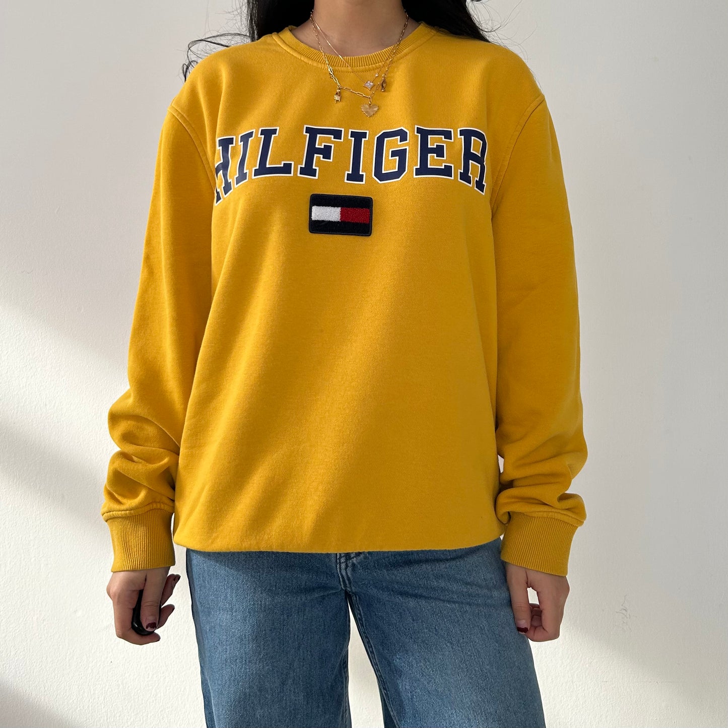 Tommy Hilfiger Mustard Yellow Spell Out Crewneck - Large