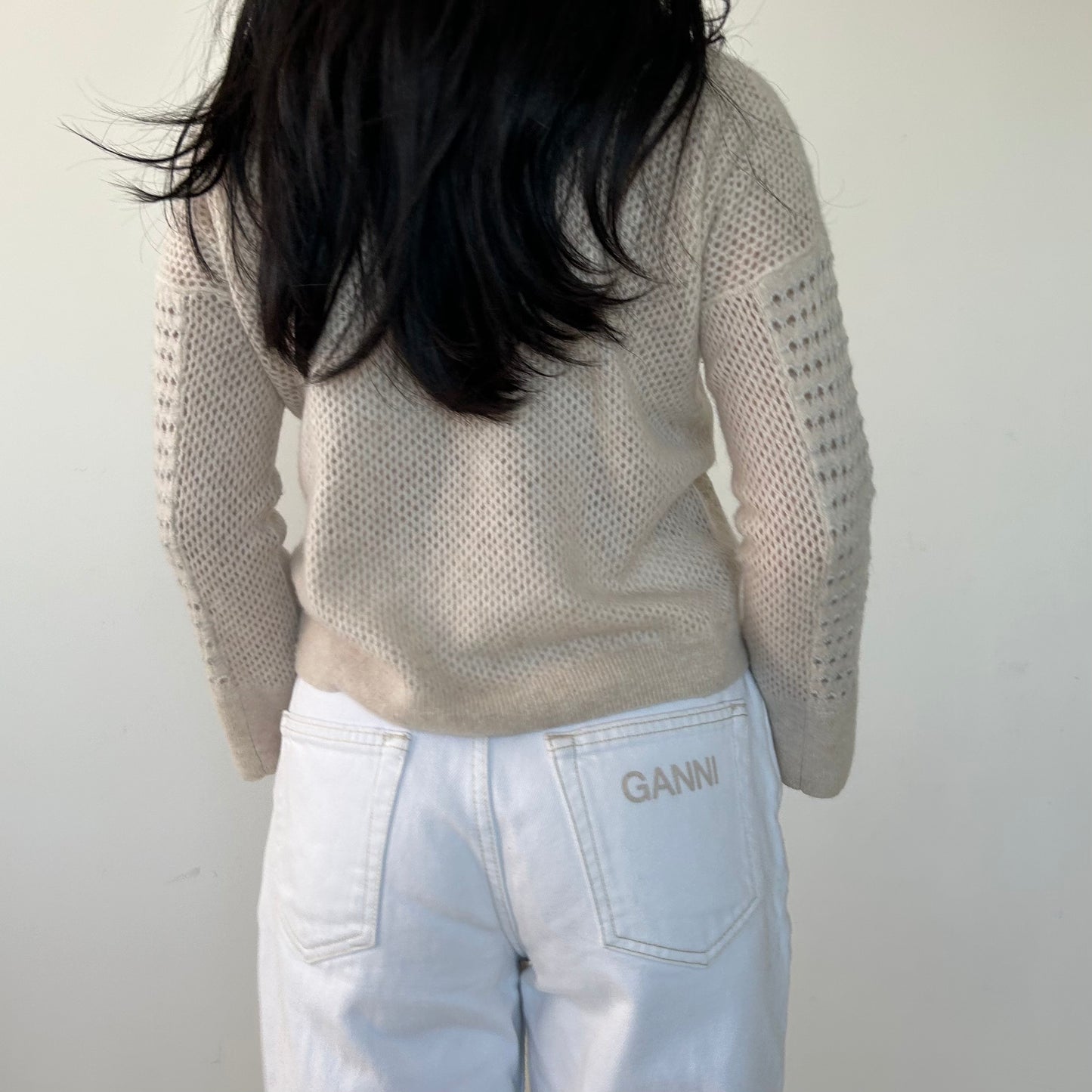 White + Warren Cream Open Knit Cashmere Jumper - Small