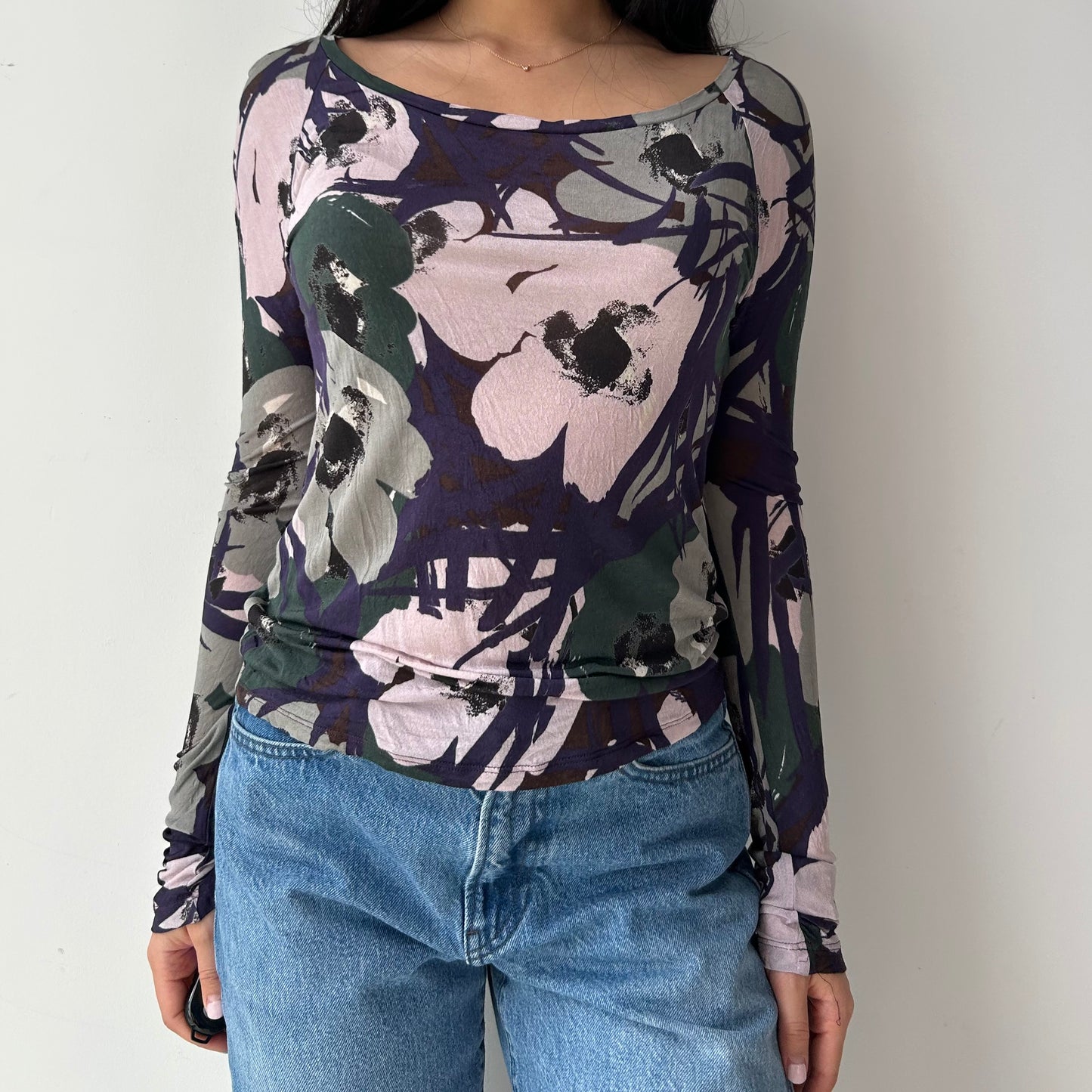 Max Mara Studio Purple Floral Print Long Sleeve Top - Medium