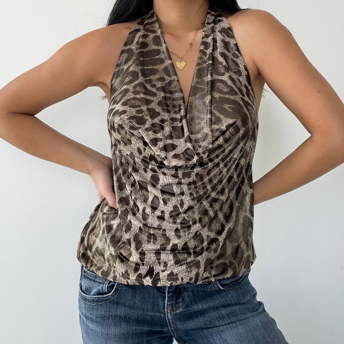 Leopard Print Halter Cowl Neck Top - Medium