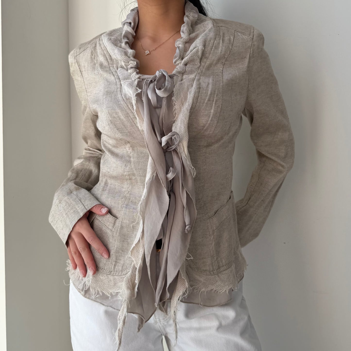 Bandolera Beige Linen Deconstructed Ruffle Jacket - Small