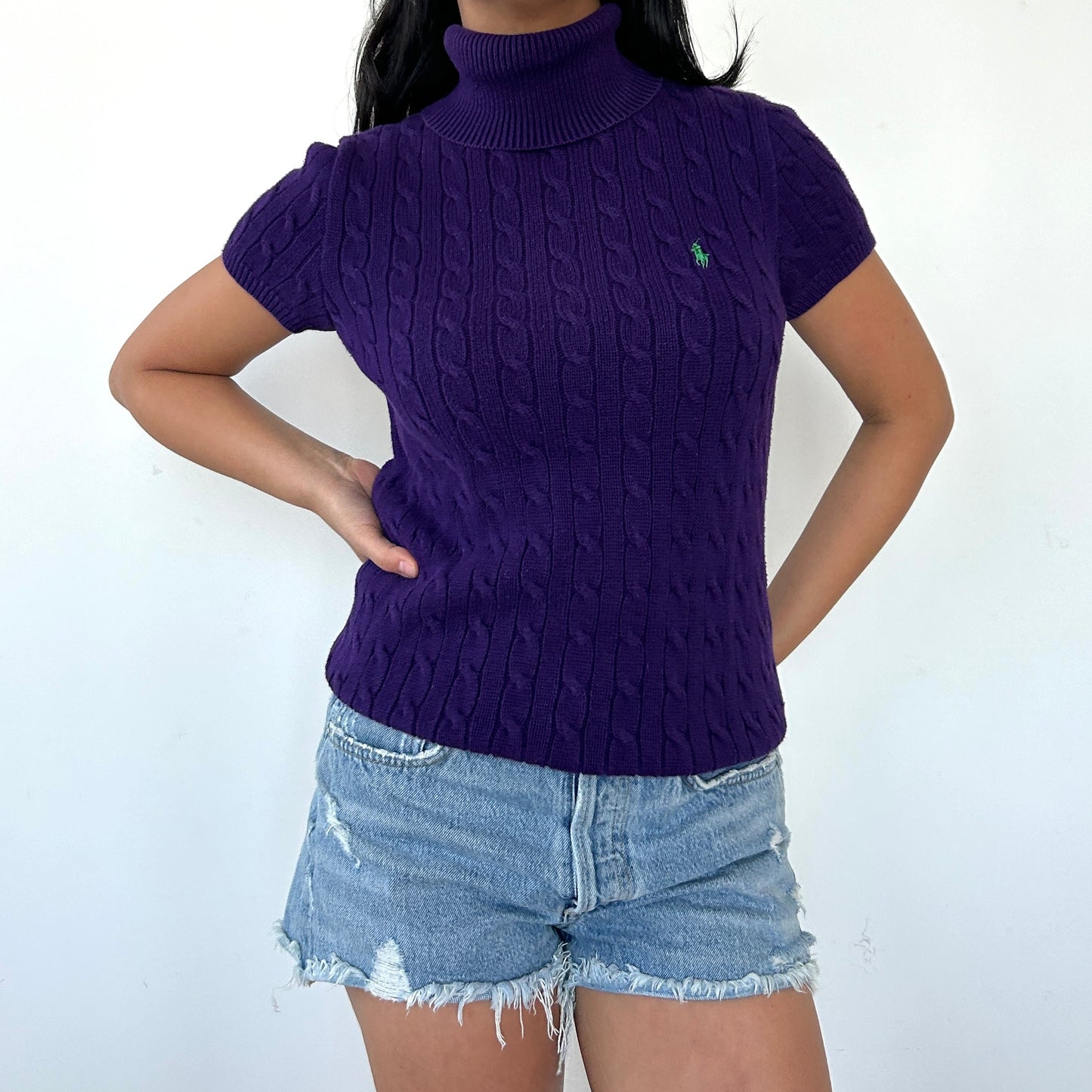 Polo Ralph Lauren Purple Short Sleeve Cableknit Turtleneck Top - Medium