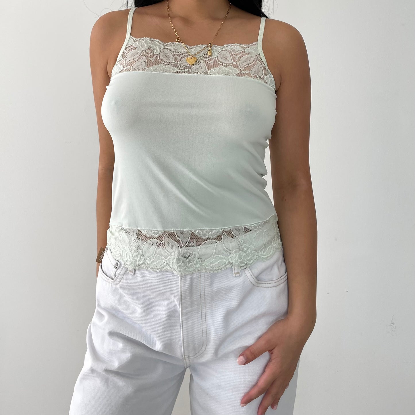 Pale Green Square Neck Lace Cami - Small