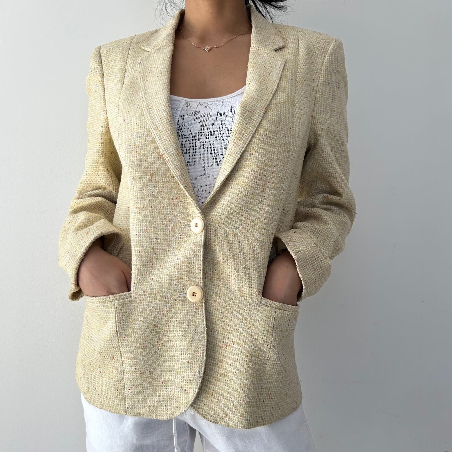 Vintage Butter Yellow Single Breasted Tweed Blazer - Medium