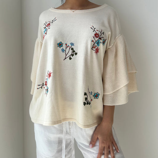 White Embroidered Floral Sweater - Medium