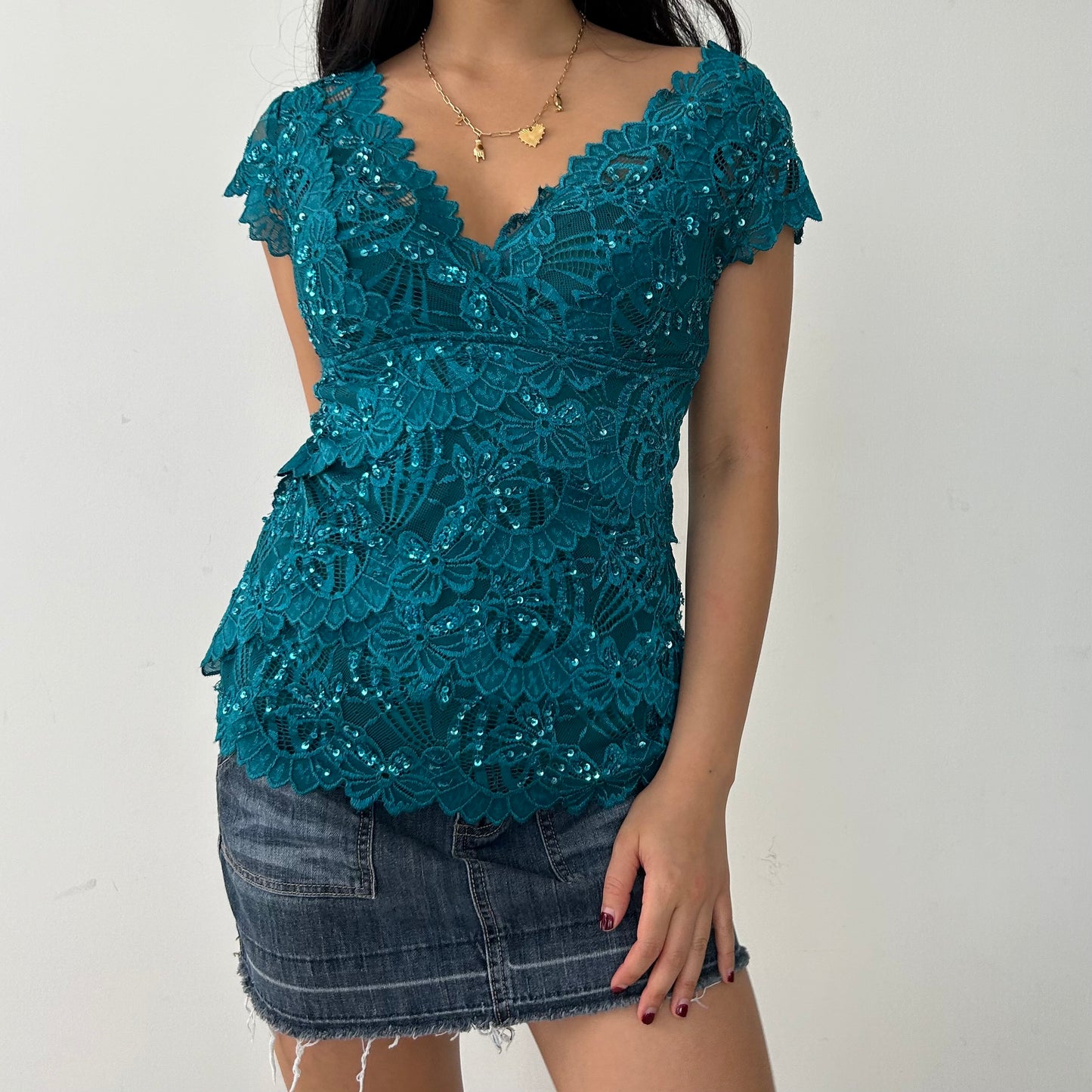 Le Château Teal Short Sleeve Lace Beaded Top - Small