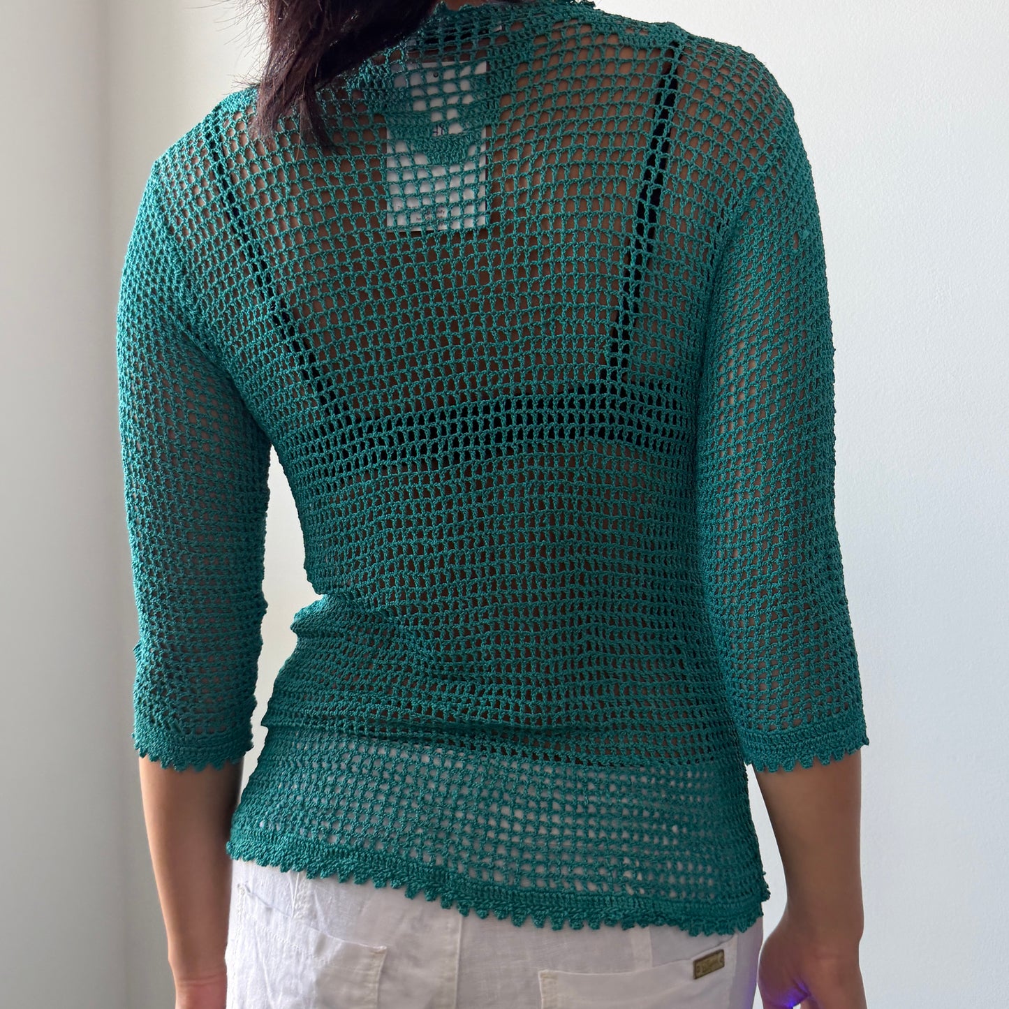 Precis Petite Teal Crochet Knit Cardigan - Small