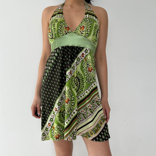 Vintage 90s Made in USA Green Halter Mini Dress - Medium