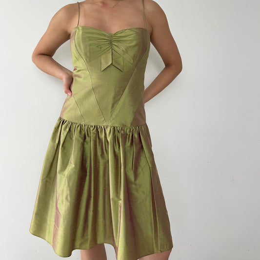 Vintage 90s Made in USA Nicole Miller Green Silk Drop Waist Mini Dress - Small