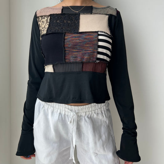 Annie Thompson Black Patchwork Long Sleeve Top - Medium