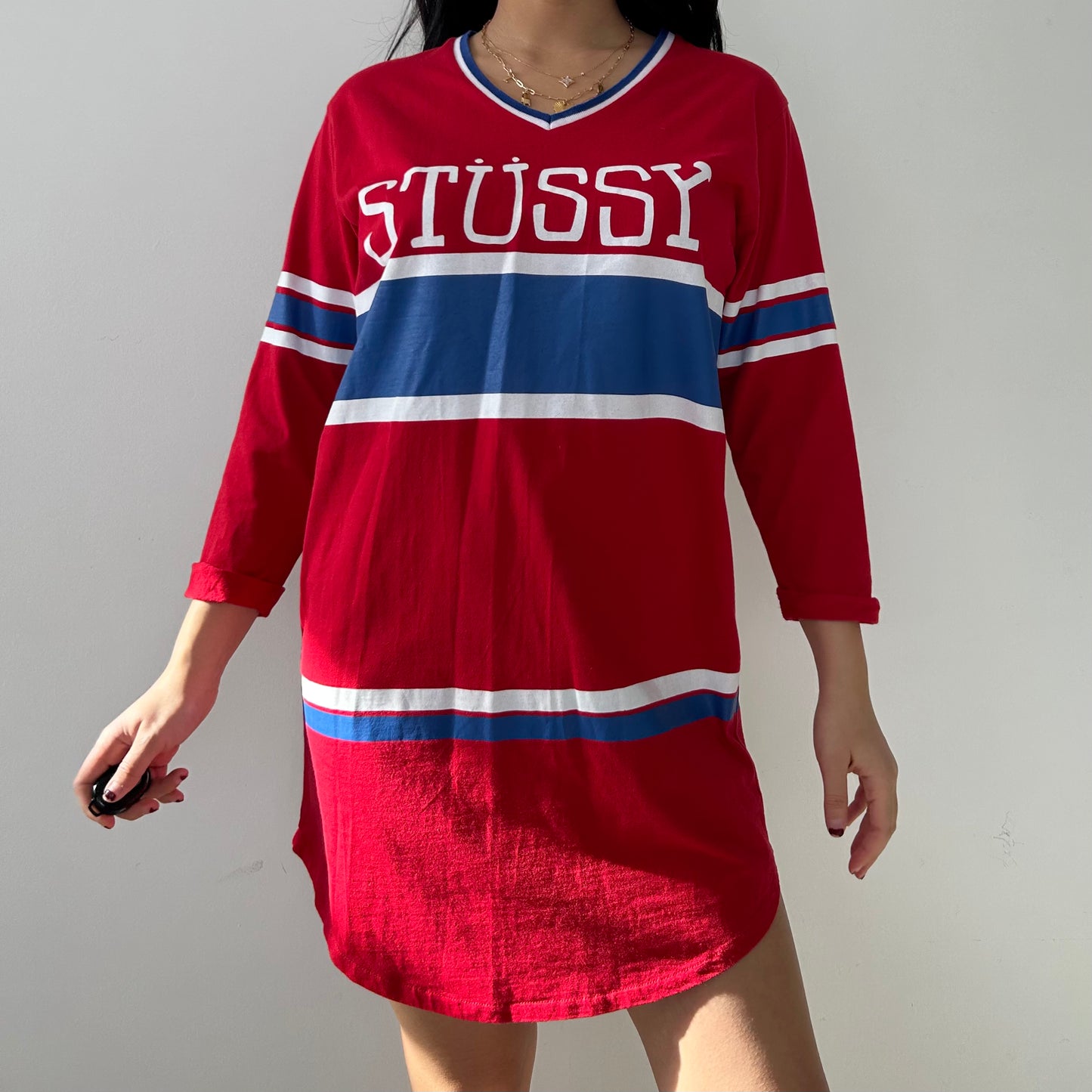 Stüssy Red and Blue Striped Logo T-Shirt Dress -  Small