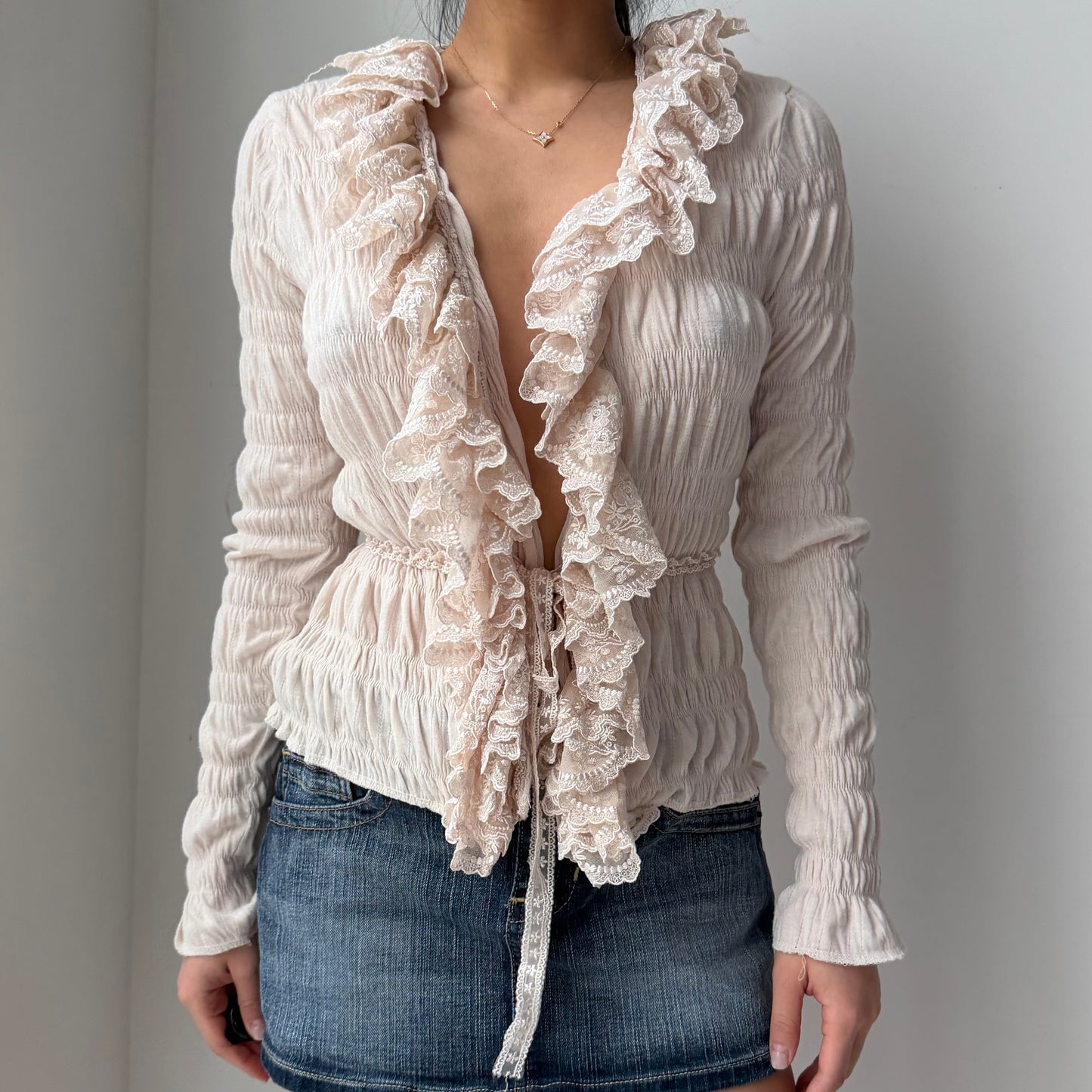 Cream Crinkled Chiffon Ruffle Top - X-Small