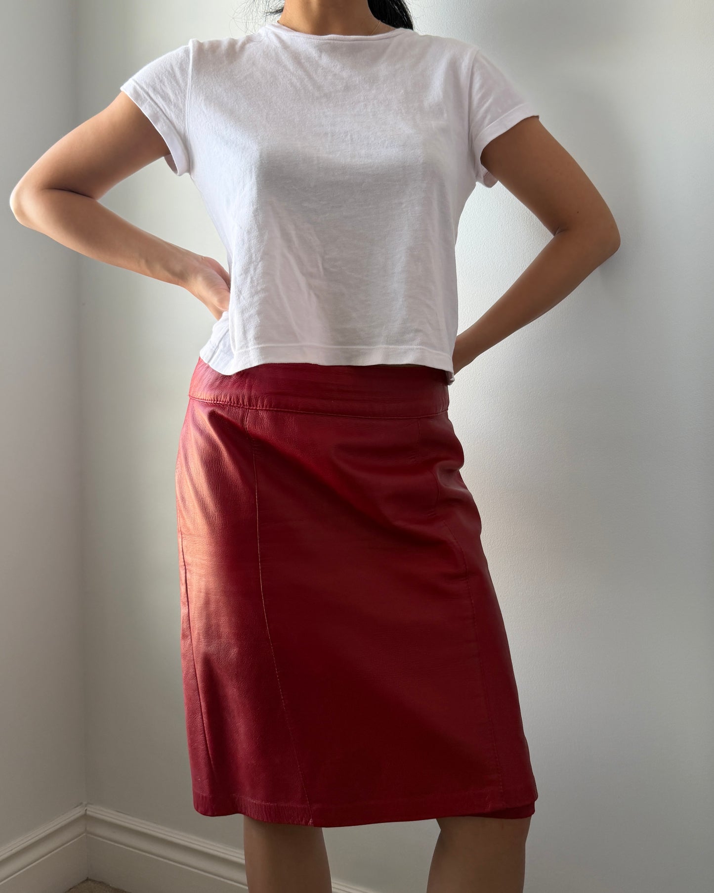 Danier Red Leather Knee Length Skirt - Medium