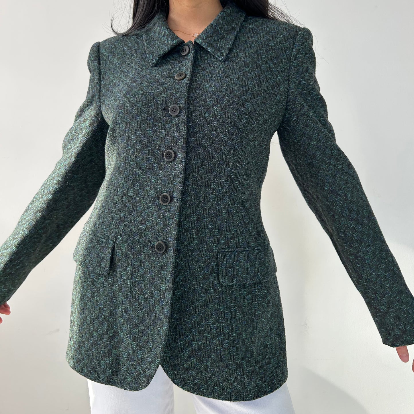 Vintage 1980s Joan & David Emerald Green Tweed Jacket - Medium