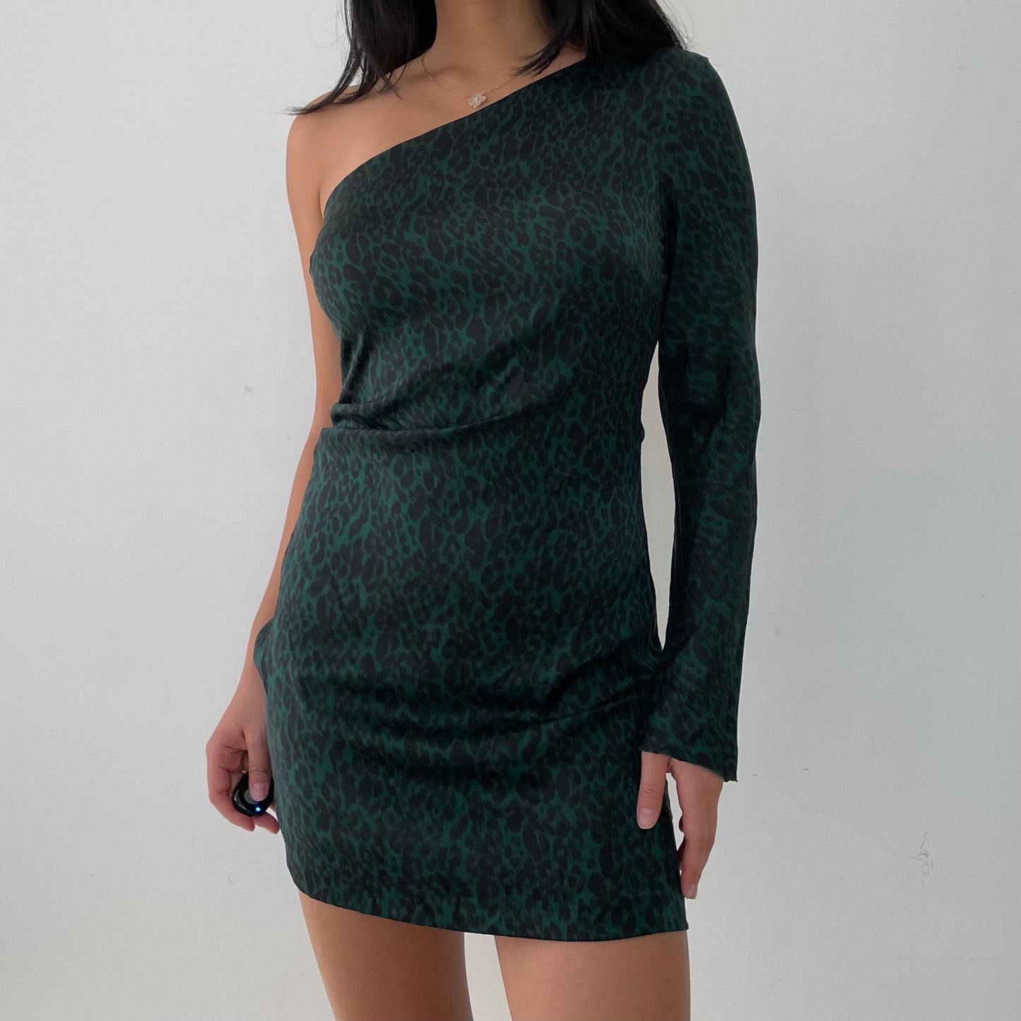 Bec + Bridge Green Leopard Print One Shoulder Silk Mini Dress - Small