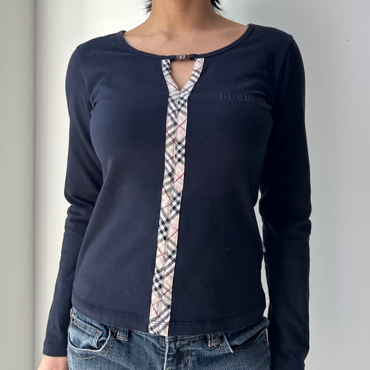 Nova Check Keyhole Long-Sleeve Top in Navy - Medium