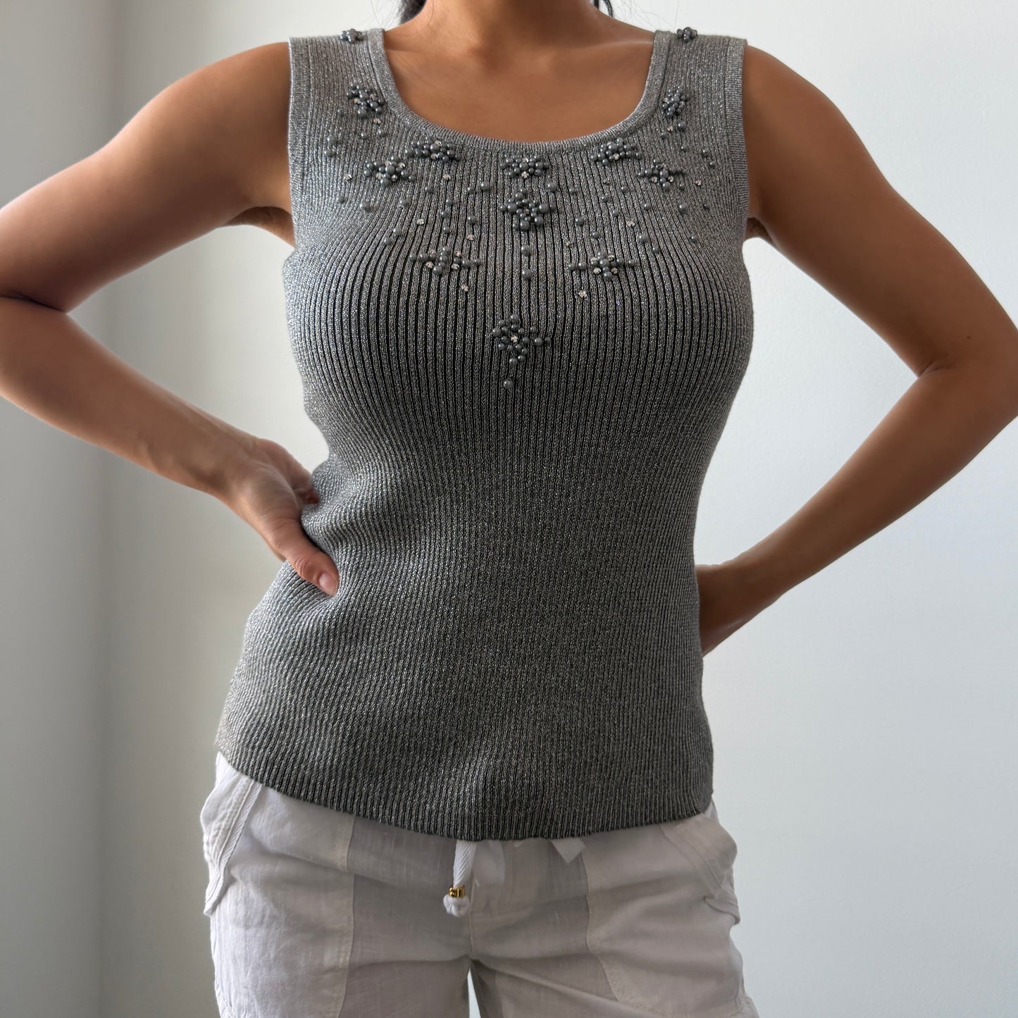 Once Again Silver Metallic Ribbed Knit Tank - Medium