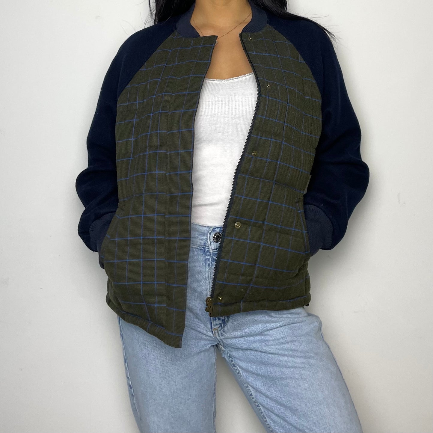 BEAMS Quilted Green and Navy Wool Blend Bomber Jacket - Small