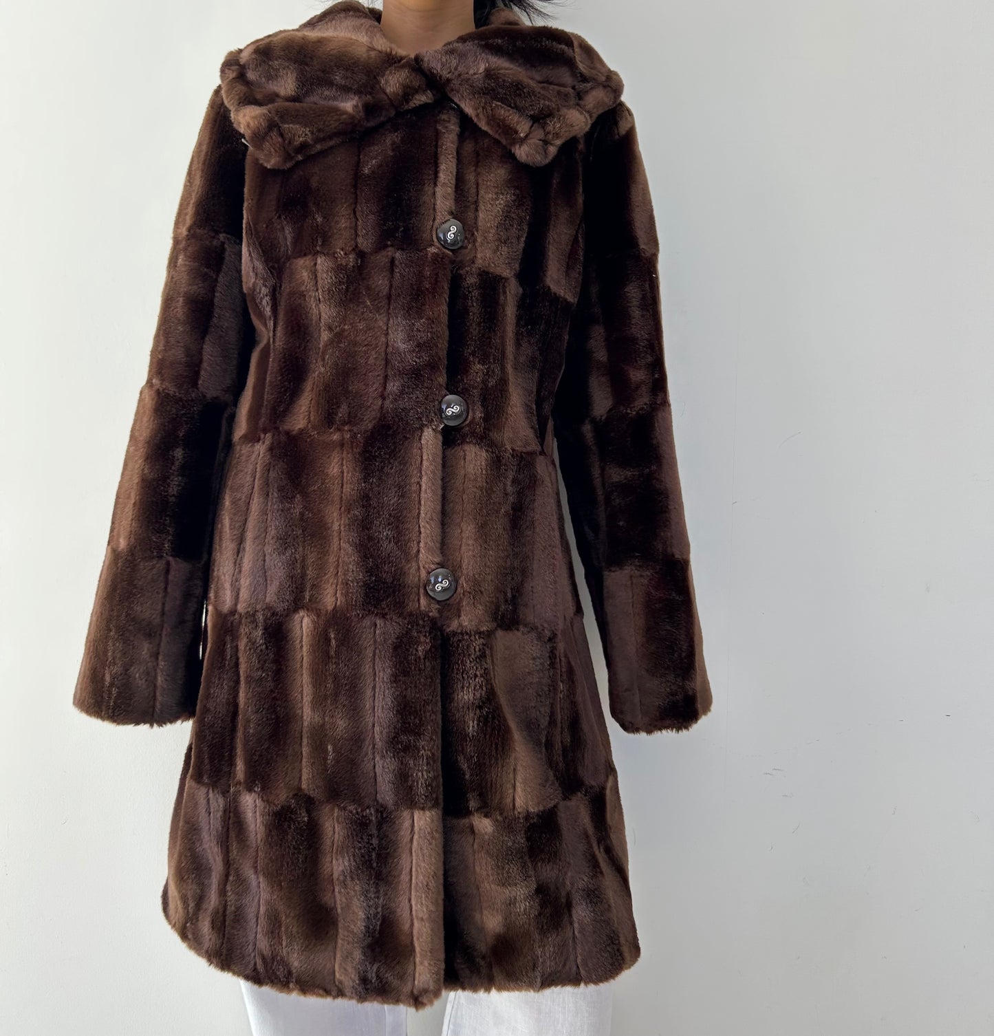 Chocolate Brown Faux Fur Patchwork Coat - Large