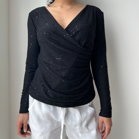 Vintage 90s Made in Canada Black Long Sleeve Wrap Top - Medium