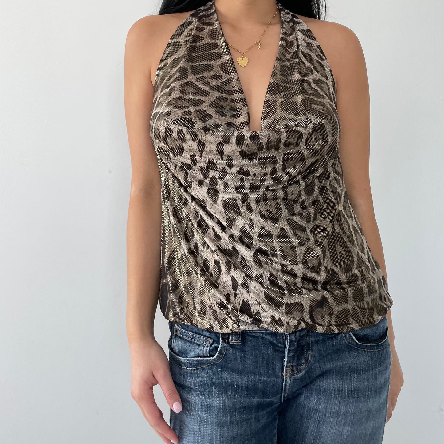 Leopard Print Halter Cowl Neck Top - Medium