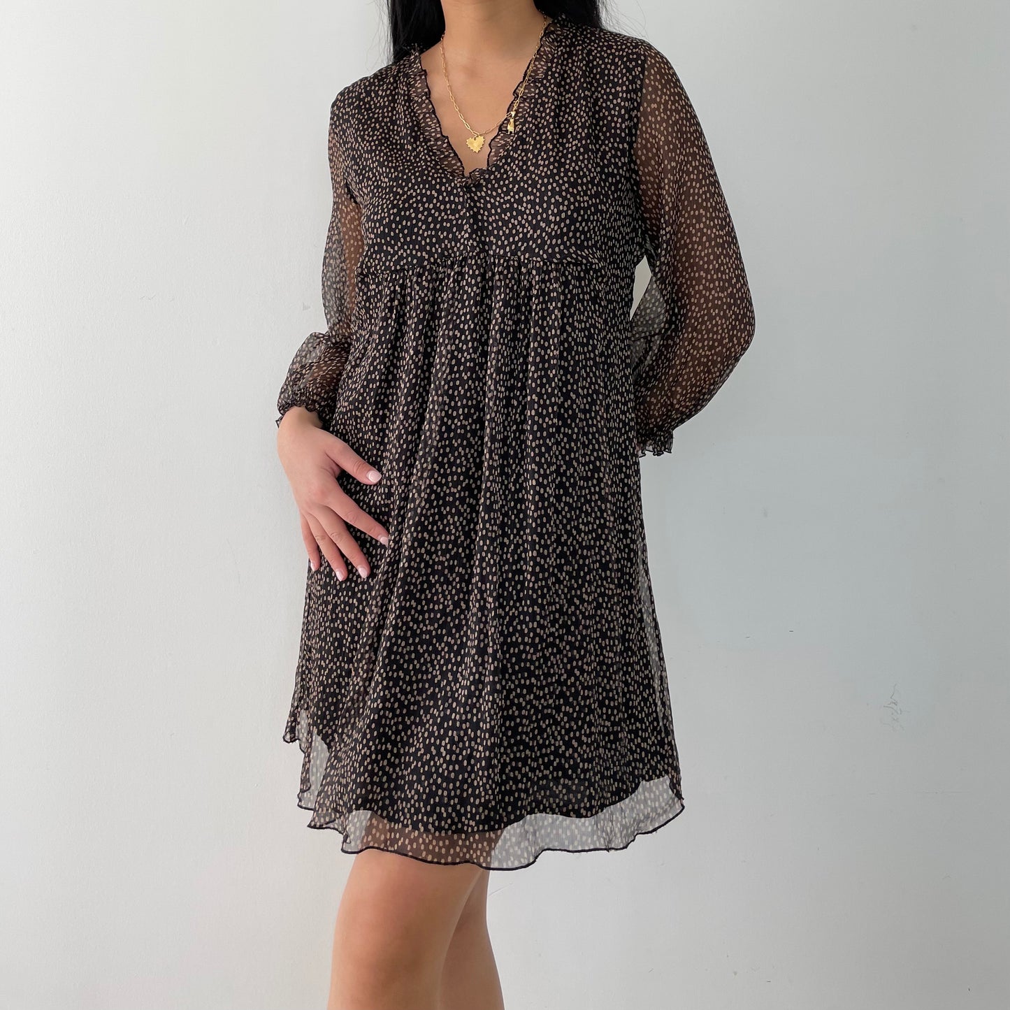 Zara Brown Polka Dot Long 3/4 Sleeve Babydoll Dress - Small