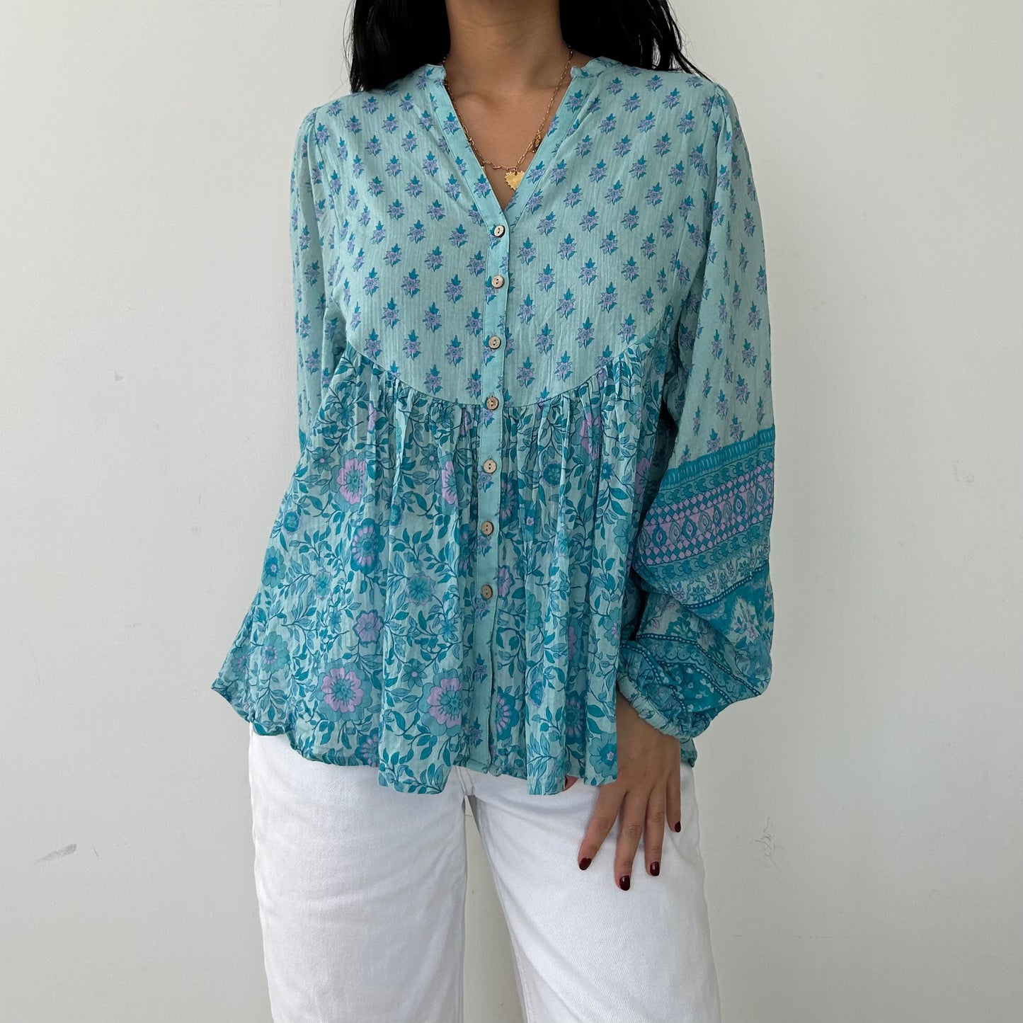 Spell Blue Floral Print V-Neck Blouse - Medium