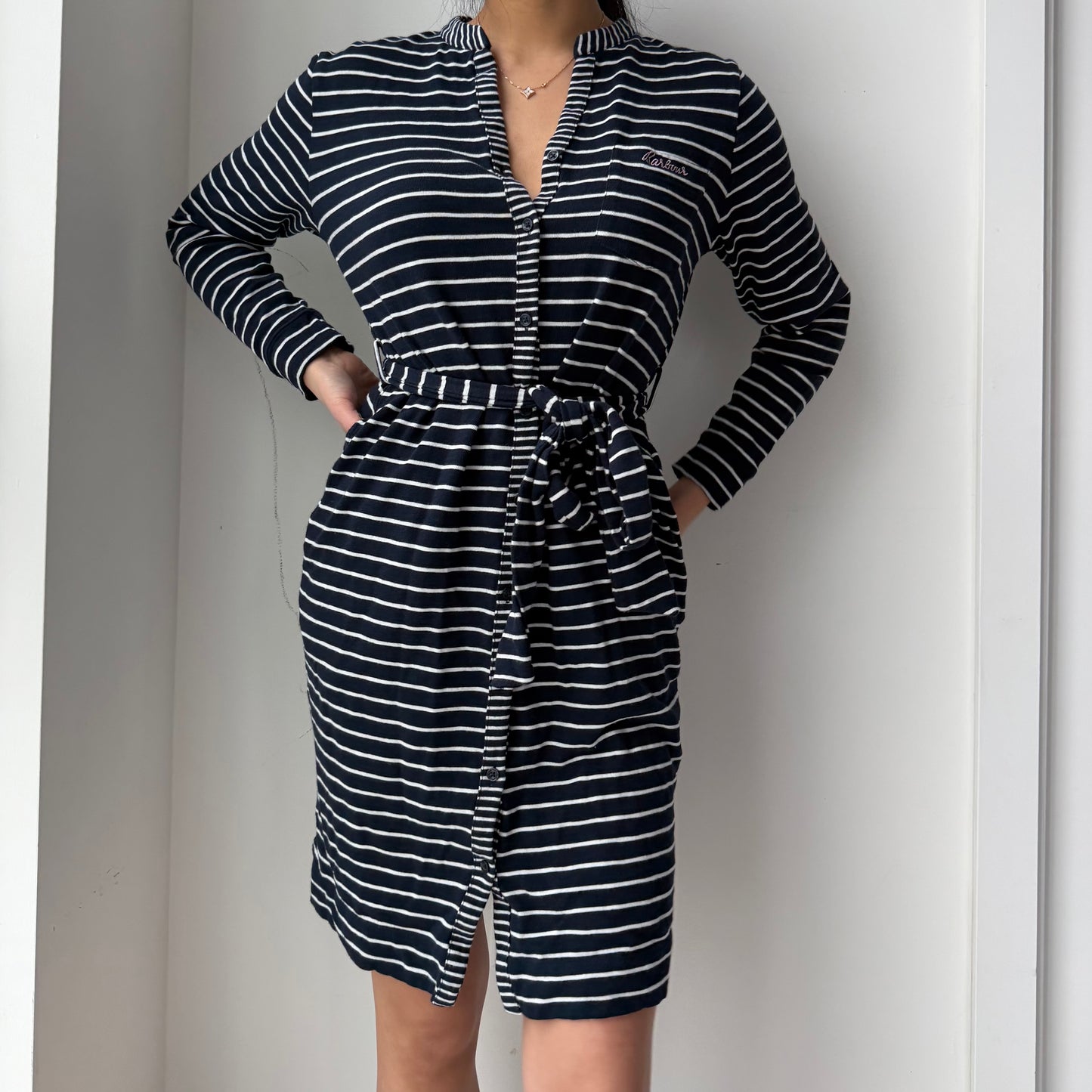 Barbour Navy Striped Belted Shirt Dress - Small