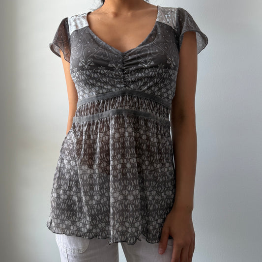 DKNY Jeans Grey Short Sleeve Patterned Mesh Top - Small