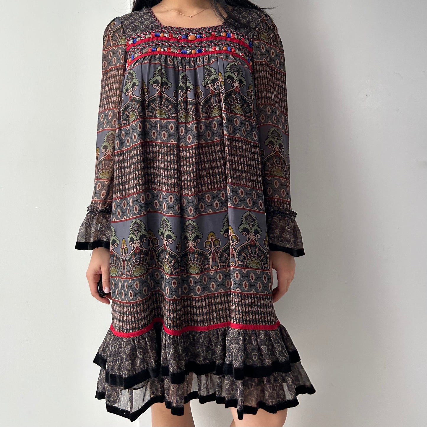 Anna Sui Long Sleeve Smocked Silk Dress - Medium