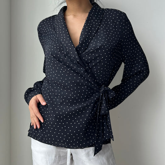 Vince Navy Polka Dot Long Sleeve Wrap Blouse - Large