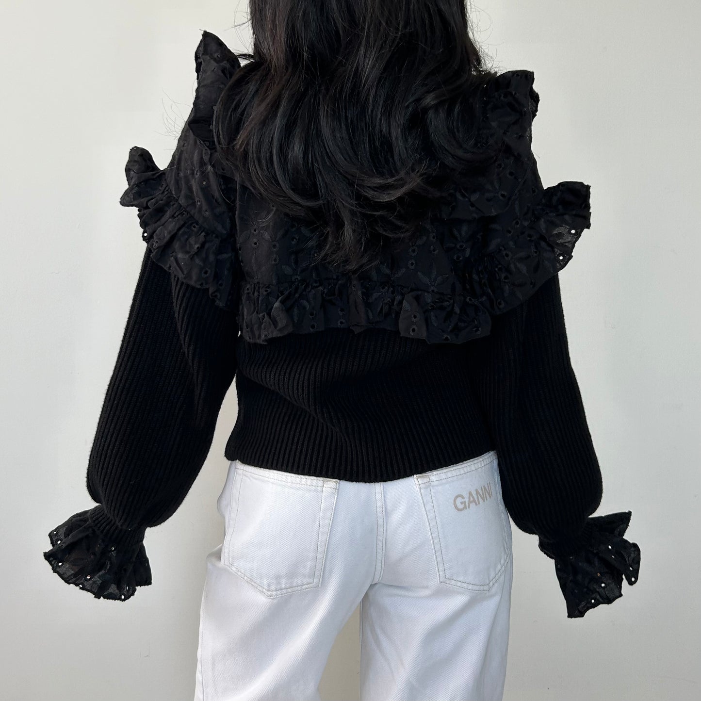 Zara Black Long Sleeve Broderie Anglaise Ruffle Blouse - Small