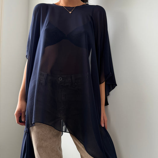 Elie Tahari Navy Sheer Asymmetric Chiffon Poncho