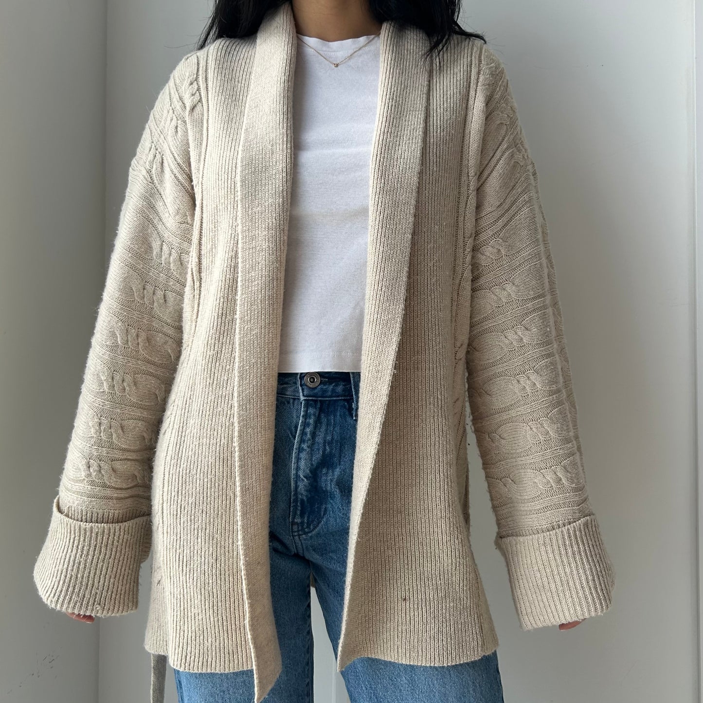 Costa Blanca Cableknit Belted Wool Blend Wrap Cardigan - Medium/Large