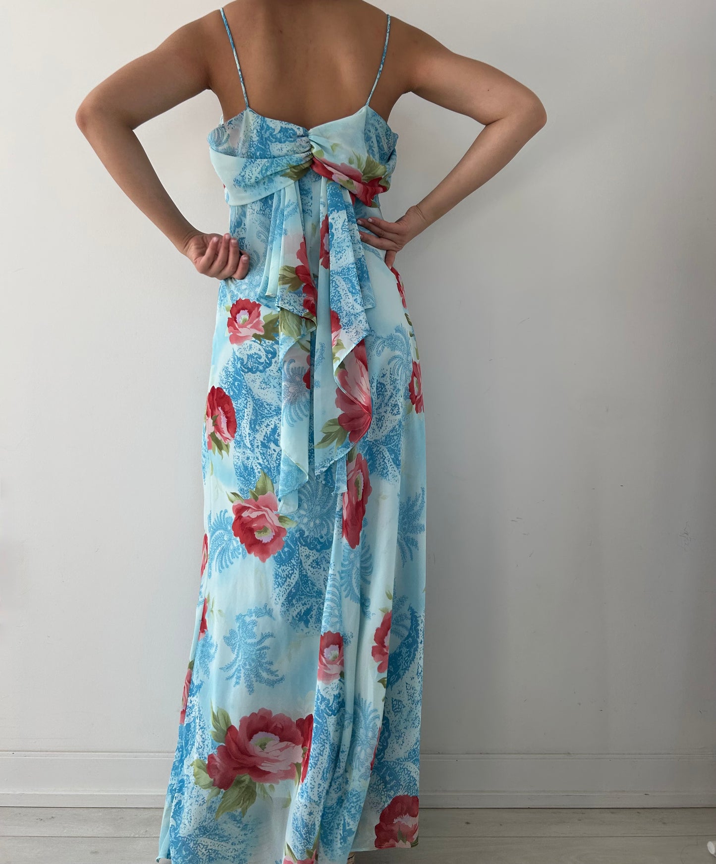 1990s Alyn Paige Made in USA Blue Floral Maxi Dress - Large