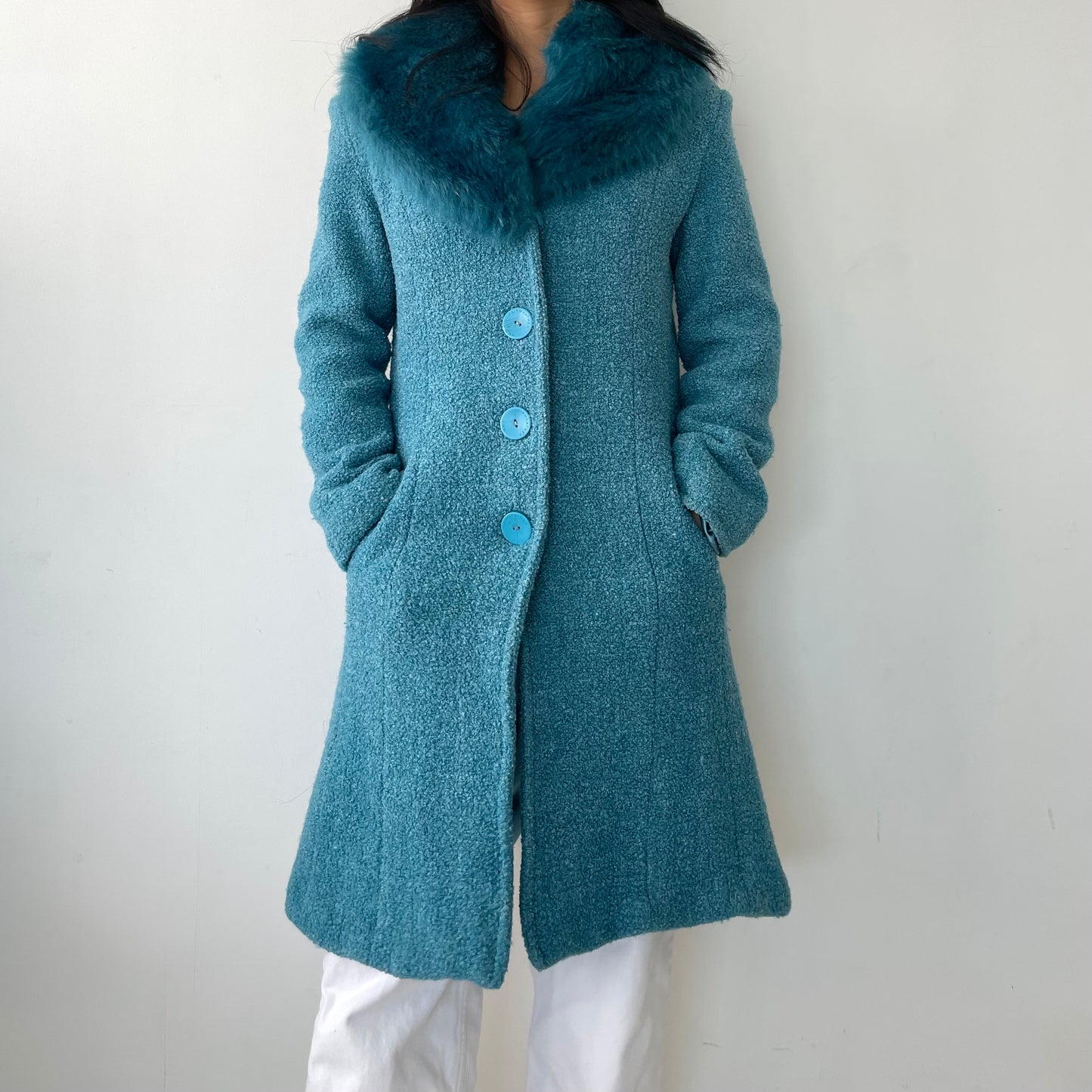 Fairweather Teal Fur Trim Wool Blend Coat - X-Small