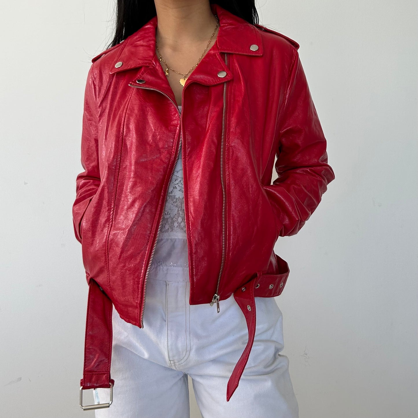 Red Faux Patent Leather Jacket - Medium