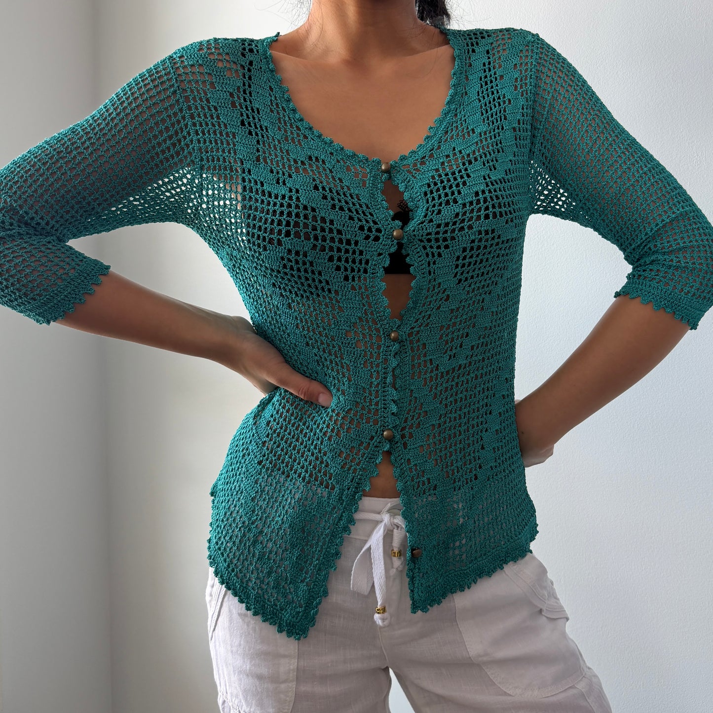 Precis Petite Teal Crochet Knit Cardigan - Small