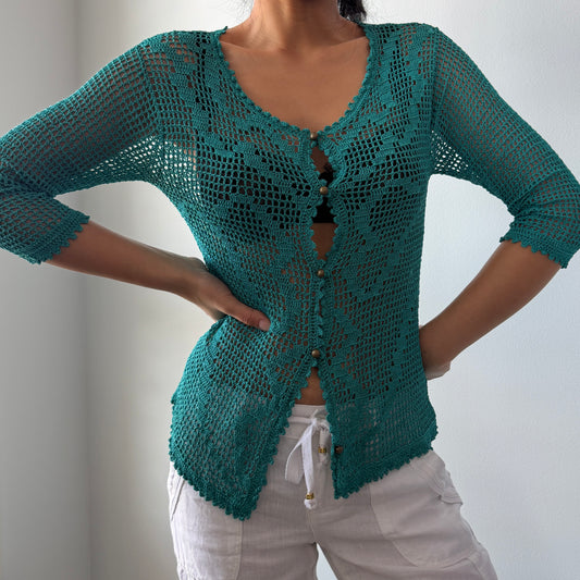 Precis Petite Teal Crochet Knit Cardigan - Small