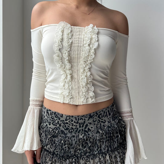 Made in Italy Cream Off-Shoulder Ruffle Lace Top with Bell Sleeves - X-Small