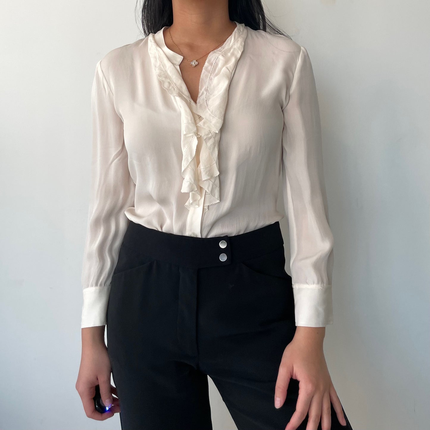 Theory White Ruffle Collar Silk Blouse - X-Small/Small