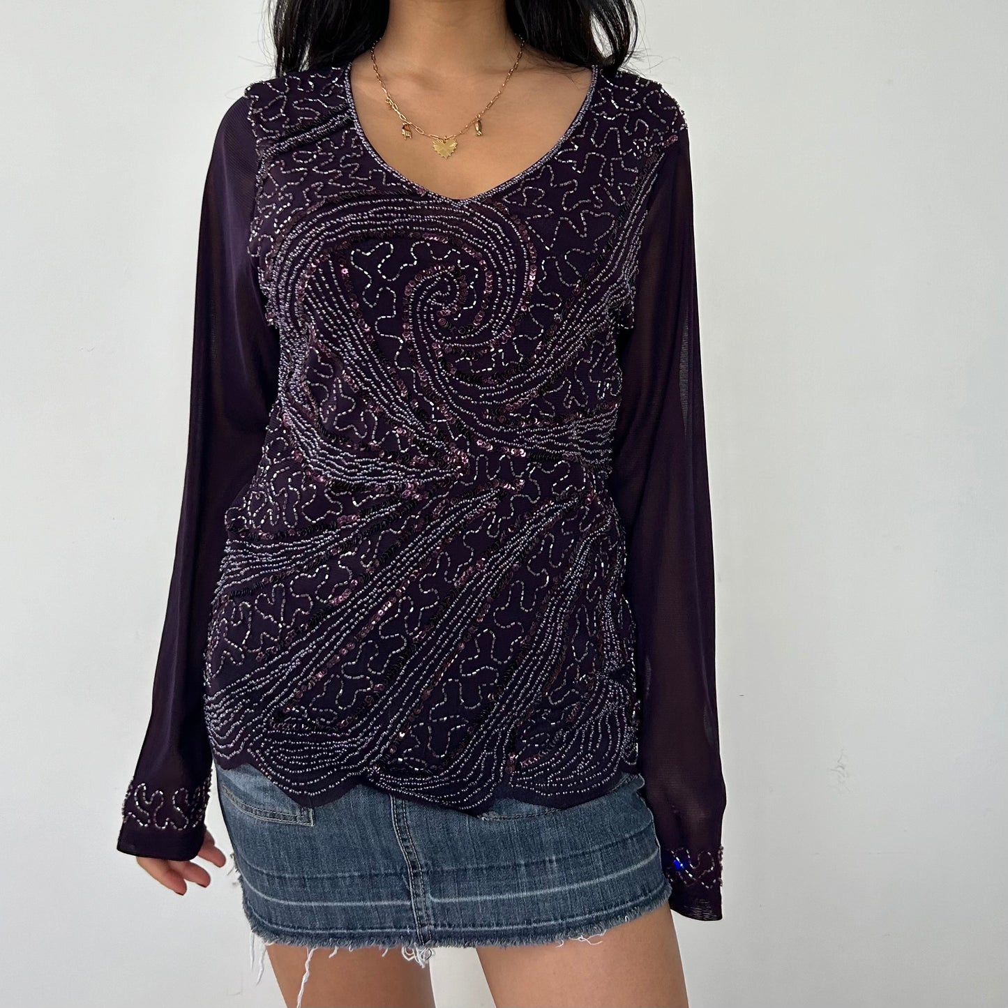 Purple Beaded Long Sleeve Mesh Top - Large